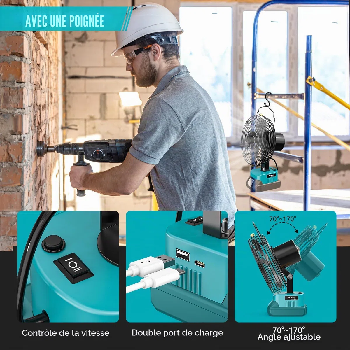 Ecarke Ventilateur Sans Fil 6 Pouces – Compatible avec Batteries Makita 18V, Ventilateur Portable avec Ports USB & Type-C – Idéal pour Camping, Atelier, Maison & Chantier (Sans Batterie ni Chargeur)