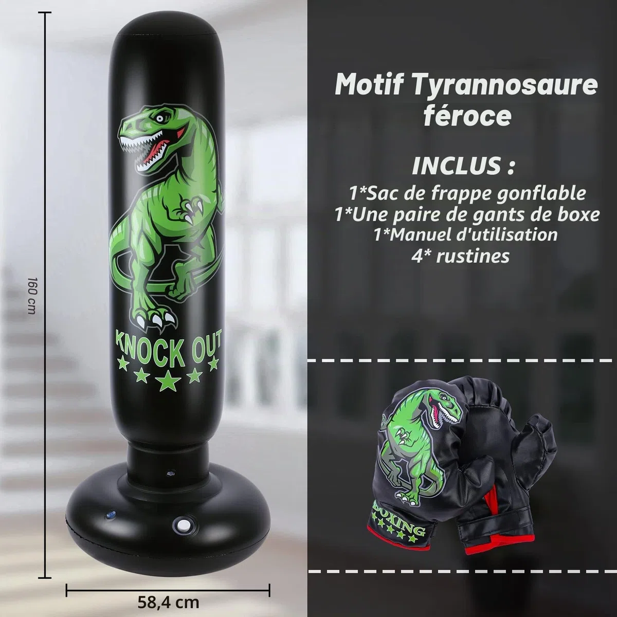 Sac de Frappe Dinosaure pour Enfants - Sac de Boxe autoportant de 160 cm avec Gants de Boxe - Jouets Sportifs Dinosaures féroces Sac de Sable pour l'entraînement Karaté Taekwondo MMA