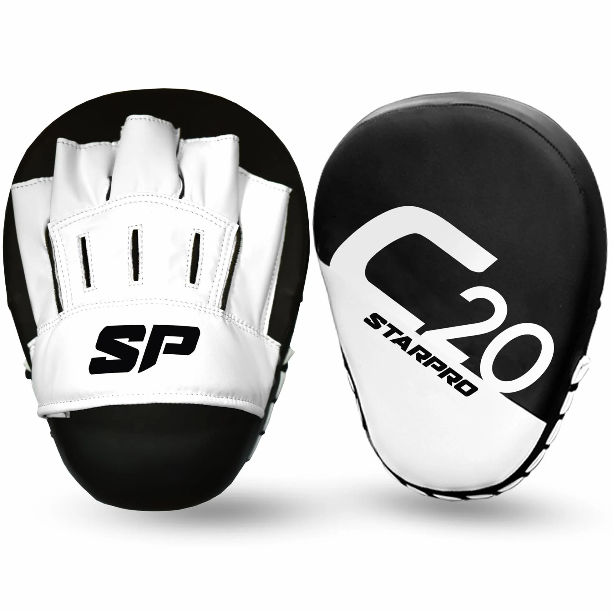 Starpro C20 Pattes d'ours Boxe Incurvé en Cuir Synthétique pour Hook'n'Jab et Coaching en Boxe, MMA, Kickboxing, Arts Martiaux, Muay Thaï et Entraînement - Noir et Blanc