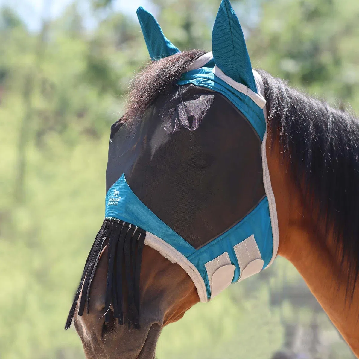 Harrison Howard CareMaster Masque Anti-Mouches pour Cheval avec Oreilles et Franges de Nez Bleu Ciel Taille complète
