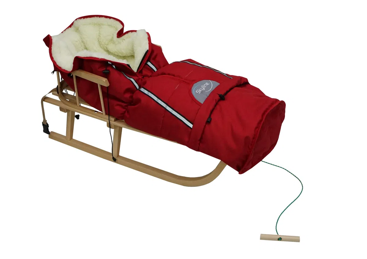 Luge Davos en bois pour enfant à dossier et sangle de sécurité, avec chancelière d'hiver, Naturel/rouge.