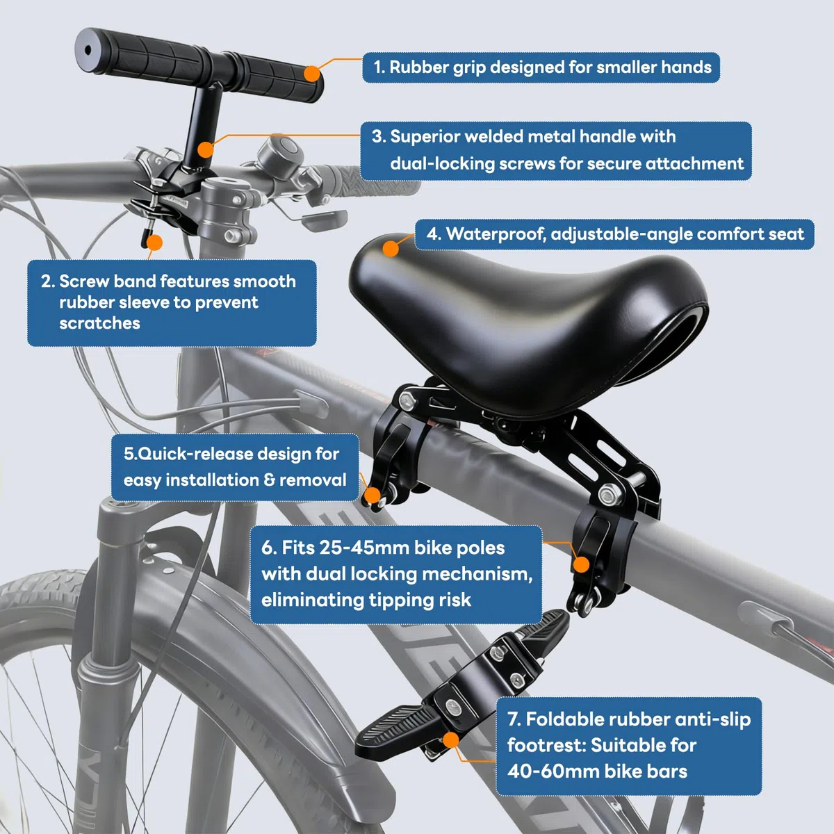 Siege Velo Enfant Avant, Siège Vélo Enfant avec Accoudoirs et Repose-Pieds, Siège Bébé Avant pour VTT, Vélos de Ville et Vélos Pliants