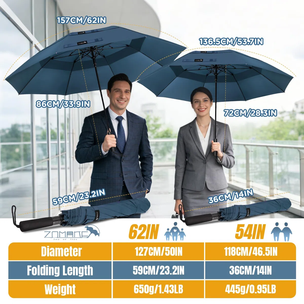 ZOMAKE Large Compact Parapluie de Golf 54/62 Pouces,Parapluie RéSistant au Vent Parapluie Pliant Portable pour le Voyage à Double CanopéE VentiléE pour Hommes Femmes