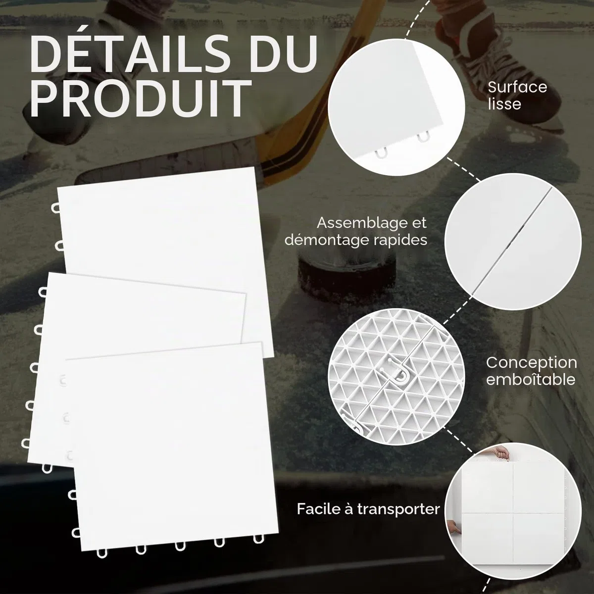 Fabbay Dryland Lot de 8 dalles de glace synthétiques pour tapis de sol de hockey – 30,5 x 30,5 cm – Équipement d'entraînement de hockey pour le tir en extérieur (blanc)