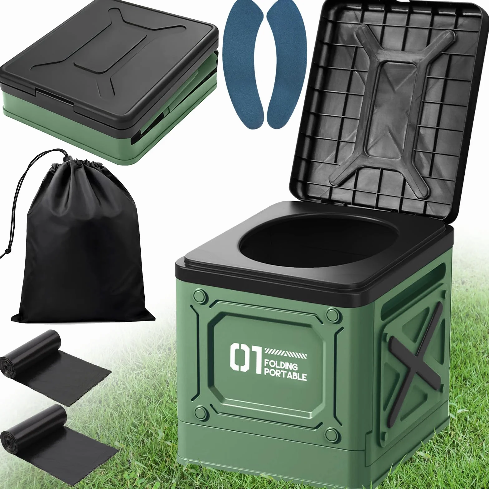 Toilette Portable,Toilette Camping,WC Portable avec Sac Poubelle,Toilette Pliable,Toilettes Portables pour Hommes et Femmes,Toilette Seche Portable,pour Camping,Voyages,Plage (Vert)
