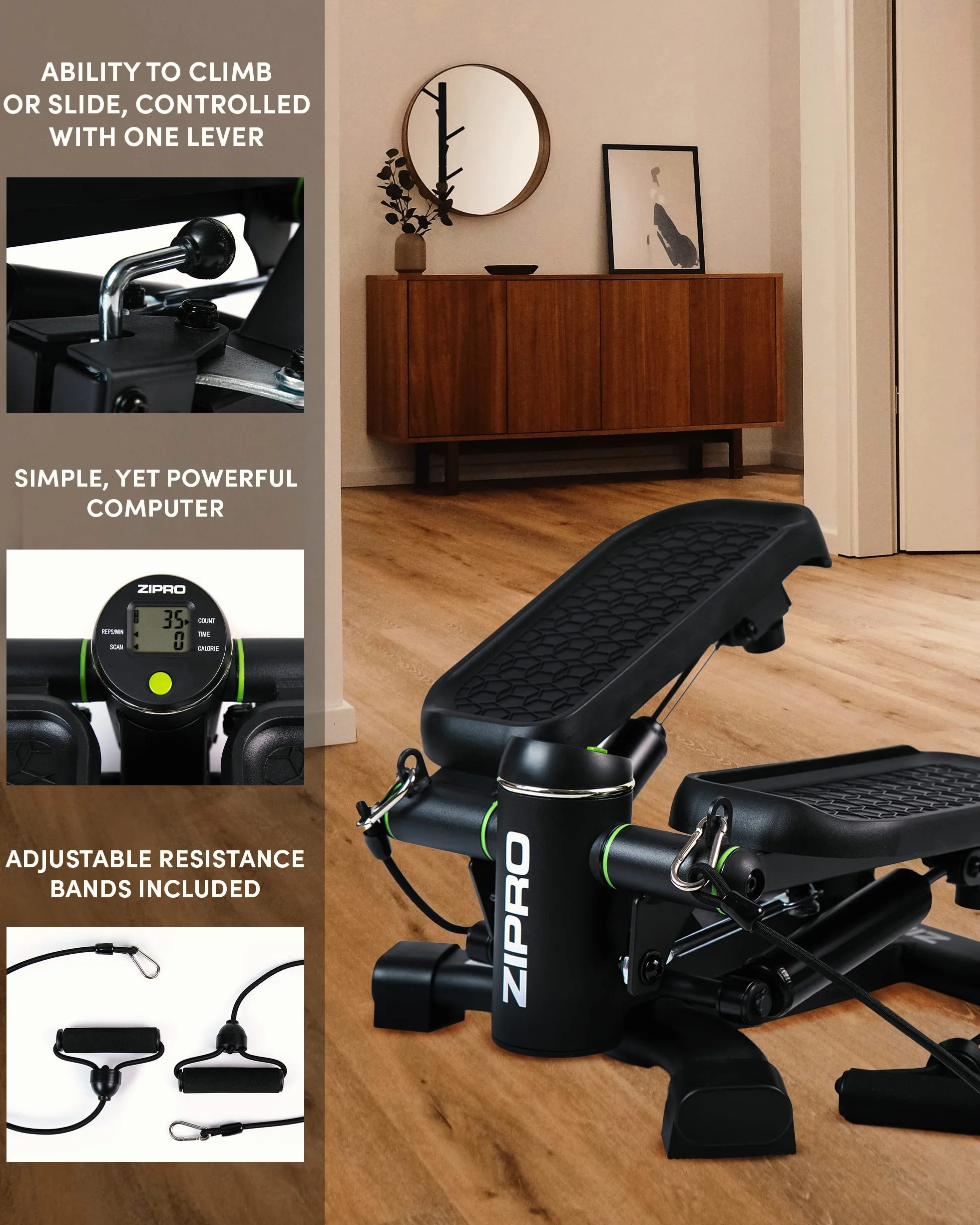ZIPRO Roam Stepper Mini Appareil de Fitness INCL. Ordinateur d'entraînement LCD avec de Nombreuses Fonctions Entraînement de Fitness pour la Maison Vélo d'appartement, Noir