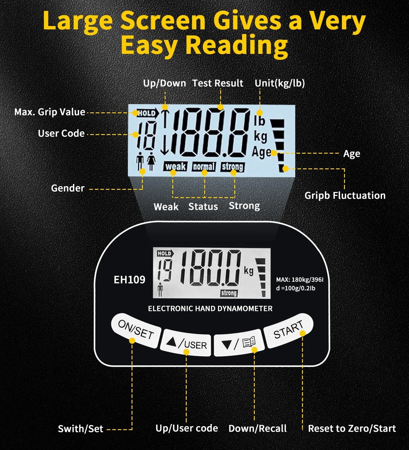 Entraîneur de force de préhension de 180 kg,Dynamomètre à Main numérique,Dynamomètre électronique rechargeable avec affichage LED,Valeur de test précise au gramme près, poignée réglable, noir