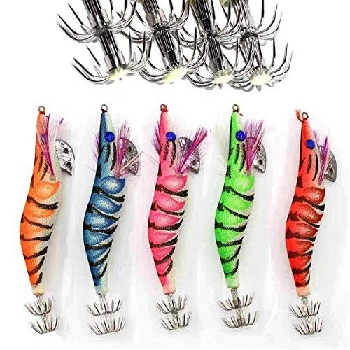 Shaddock Fishing Pêche Artificielle Squid Jigs Octopus seiche Leurres crevettes Squid Jig enroulée en Bois crevettes Leurre Jig Crochet Rigide Couleurs Assorties Leurre de pêche kit