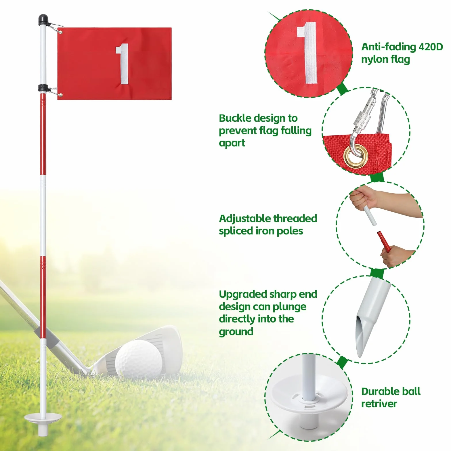 Mât de Drapeau de Golf de 188 cm pour la Maison, Drapeaux en Nylon pour Jardin avec 5 pièces Amovibles, gobelet perforé de Golf 1 et Drapeau pour Exercices de Putting