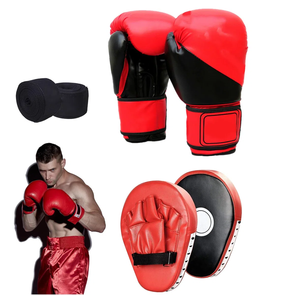 Boxing Training Set, 1 Paire De Gants De Boxe 6 Oz Et 1 Paire De Mitaines pour Muay Thai Boxes Mitaines De Boxe PU Boxpads Mitts Set De Gants De Boxe pour Enfants Equipement De Boxe pour Kickboxing