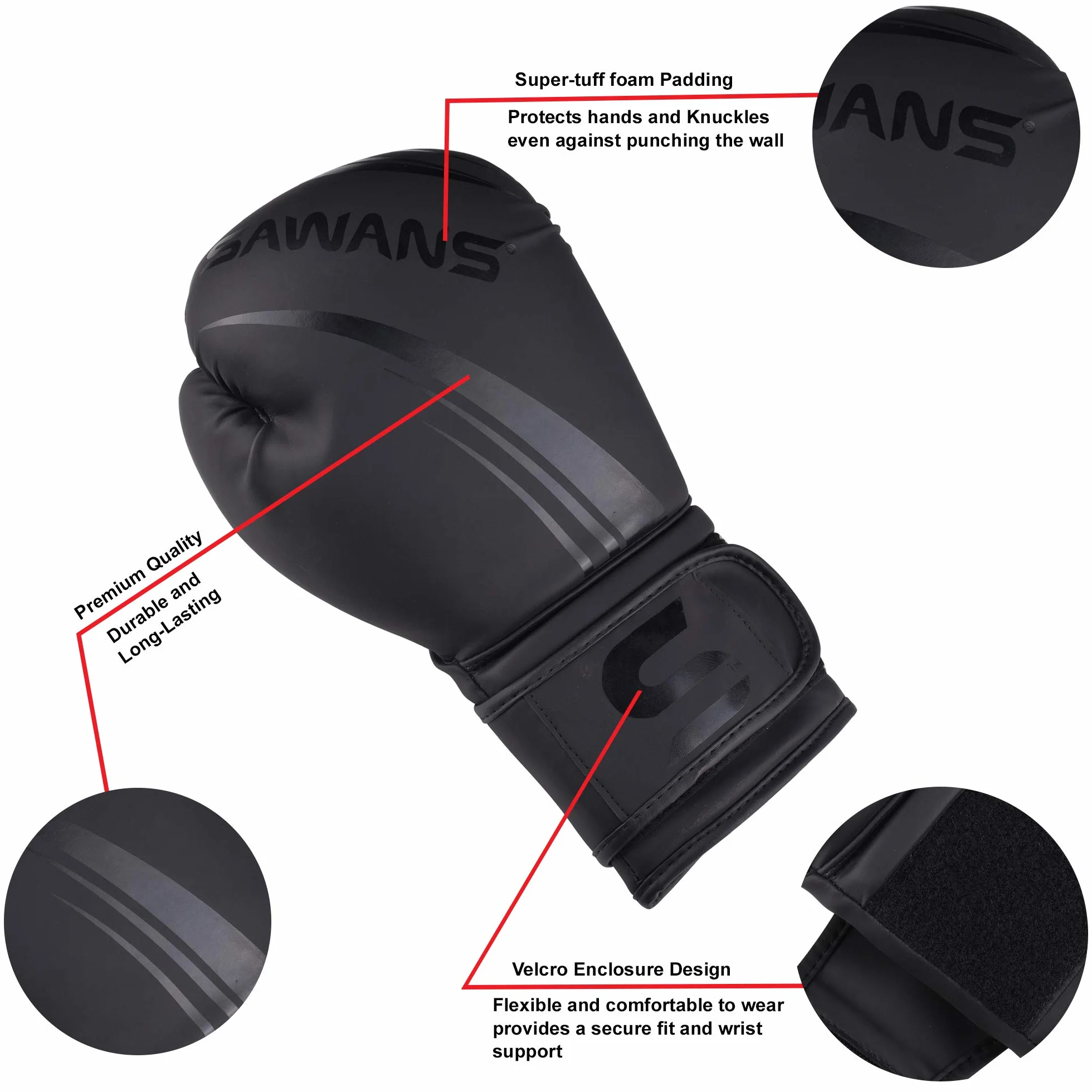 SAWANS® Gants de Boxe Professionnels MMA Sparring Kickboxing Sac de Frappe Entraînement Muay Thai Combat