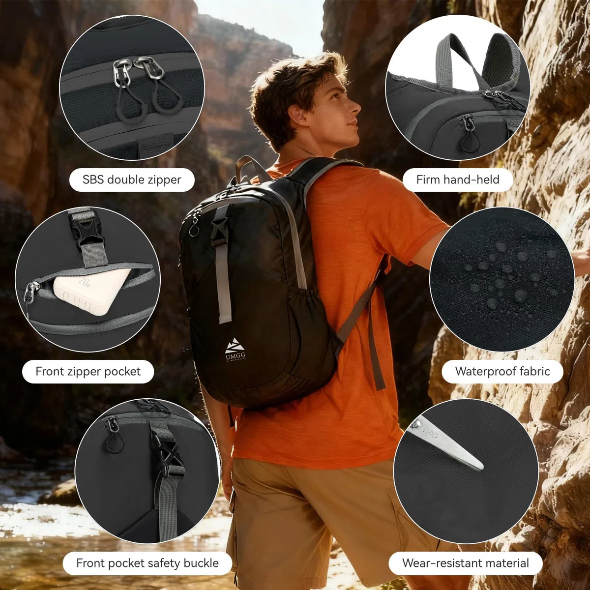 Petit Sac à Dos de Randonnée 15L pour Hommes Femmes, Léger Sac à Dos Pliable pour les Voyages en Ville, Noir