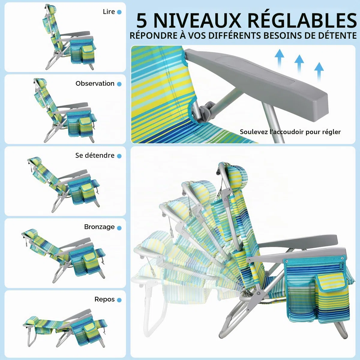 LIFERUN Chaise Pliante de Plage en Alliage d'Aluminium, Légère, Lot de 2, Chaise Pliante Portable comme Un Sac à Dos, Chaise de Camping, Inclinable, Charge Maximale 150 kg, Chaise Pliante d'Extérieur