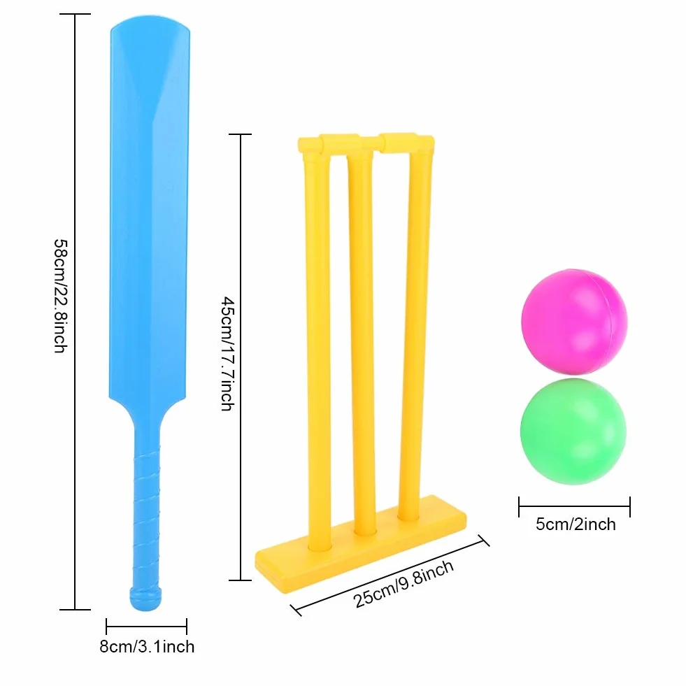 Jeu de Cricket pour Enfants Jeu de Cricket en Plastique Chauve-Souris et Balle de Cricket Jeu interactif de Plage Kit de Support de guichet Jeu de Sport pour l'extérieur et l'inté