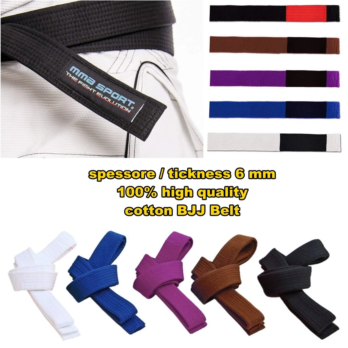mmasport Ceinture BJJ Belt Jiu Jitsu Kimono - gi 100% coton 6 mm