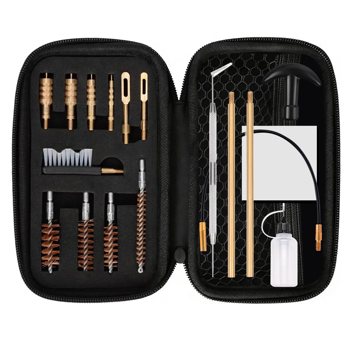 Kit de Nettoyage Armes Universel 16 Pièces, pour Calibres .22 .357 .38 9mm .40 .45, avec Brosses Bronze Phosphoreux & Adaptateurs Laiton, Set Nettoyage pour Armes de Poing