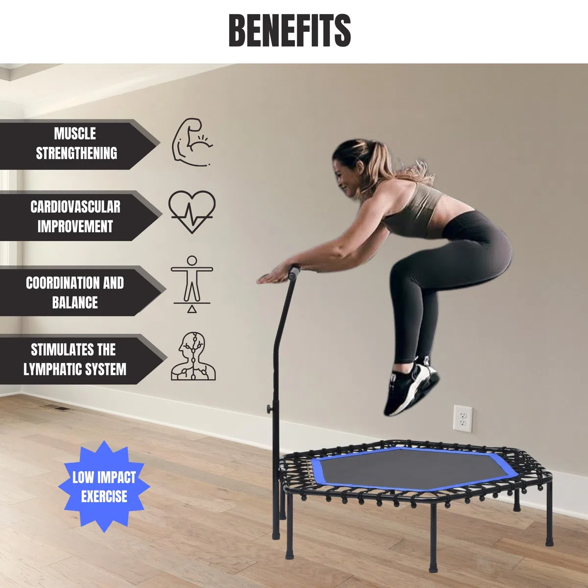 Trampoline Fitness Elastique pour Sauter de Ø90cm Pliable et Silencieux. Installation Facile, Octogonale pour Adultes,Enfants. Intérieur,Extérieur avec Accoudoirs Réglables en Mousse.
