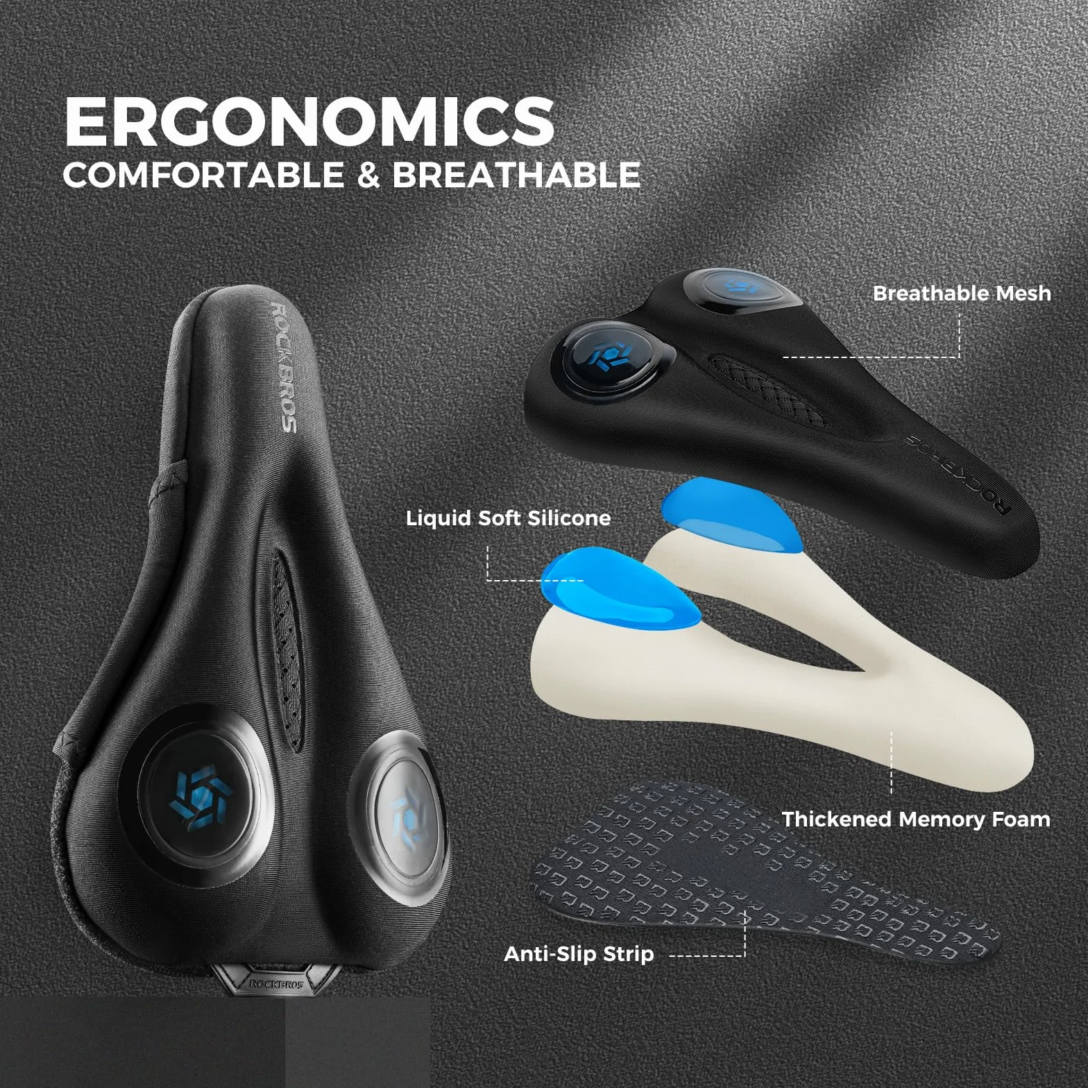 ROCKBROS Couvre Selle VTT Housse Coussin Selle de Vélo en Gel Couvre de Siège Silicone pour Vélo de Route Electrique VTT avec Housse de Pluie Anti Poussière Homme Femme Noir Rouge Bleu