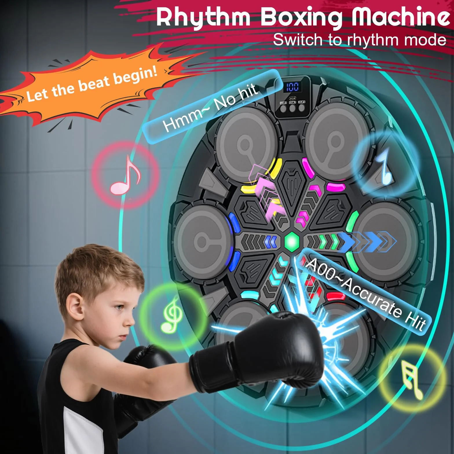 Machine de Boxe Musicale, Machine de Boxe Musicale Bluetooth Intelligente avec Gants de Boxe, 6 Vitesses, 2 Modes, Mode de Comptage, Cadeaux pour Enfants, Adultes (Noir-B)