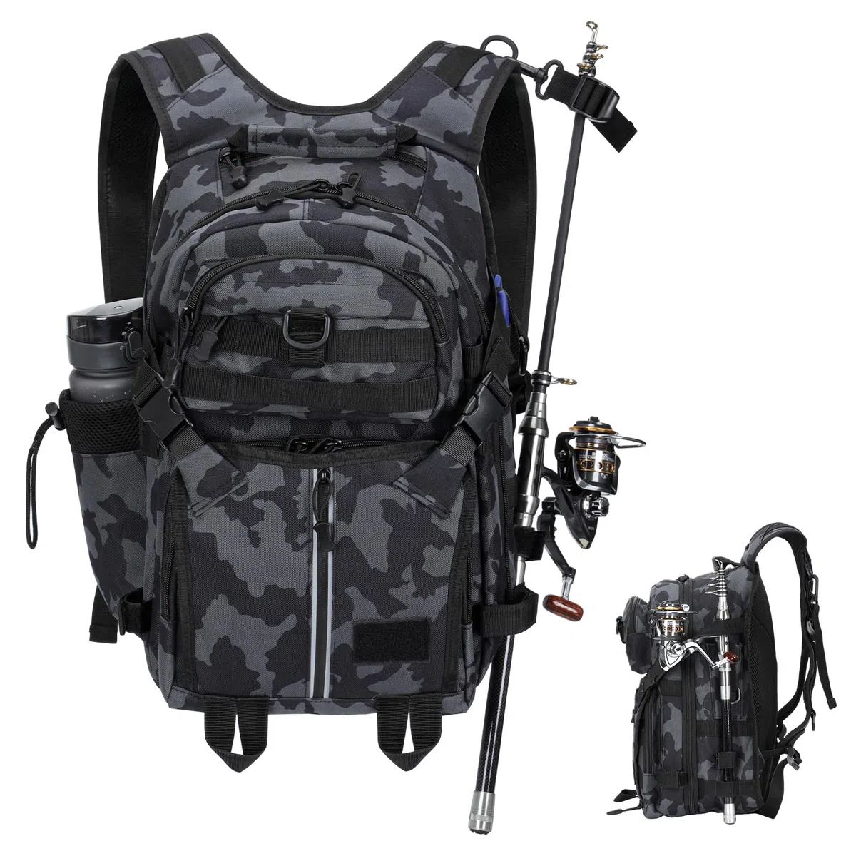 40L Sac à Dos de Pêche avec Porte Canne, Grande Capacité Sac à Dos de matériel Pêche Multiple Poches Sac à Dos Tactique Résistant à l'eau Sac de Rangement pour Randonnée Chasse Camping Voyages