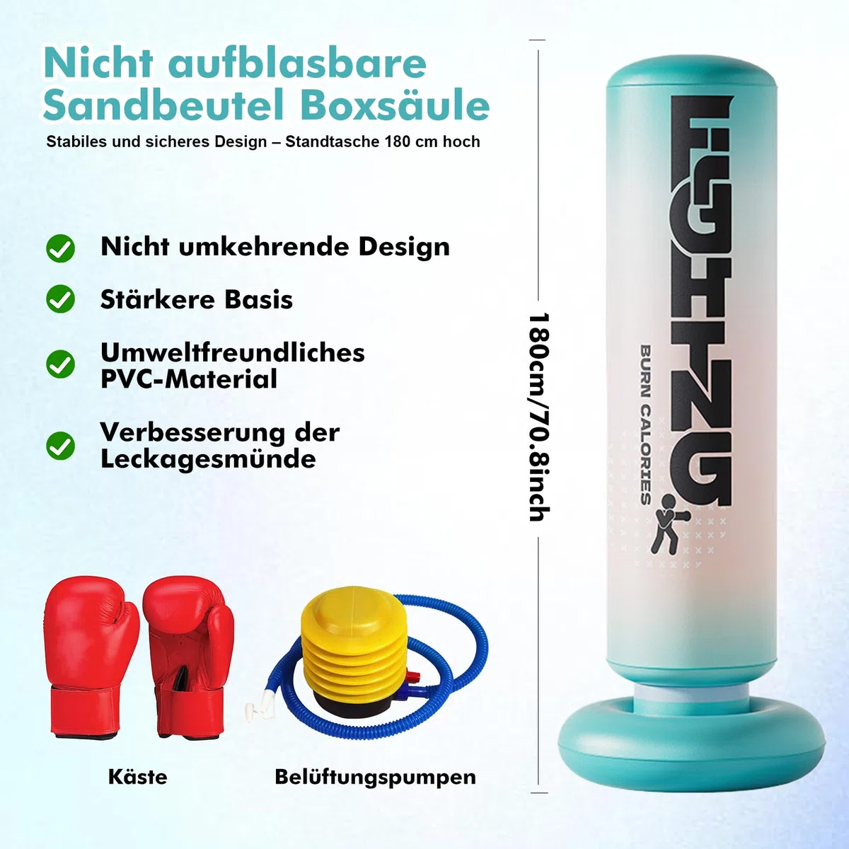 Sac de frappe debout de 180 cm avec gants de boxe en polyuréthane – Sac de frappe sur pied pour adolescents et adultes, sac de frappe pour l'entraînement de boxe à la maison, le kickboxing, le MMA, le