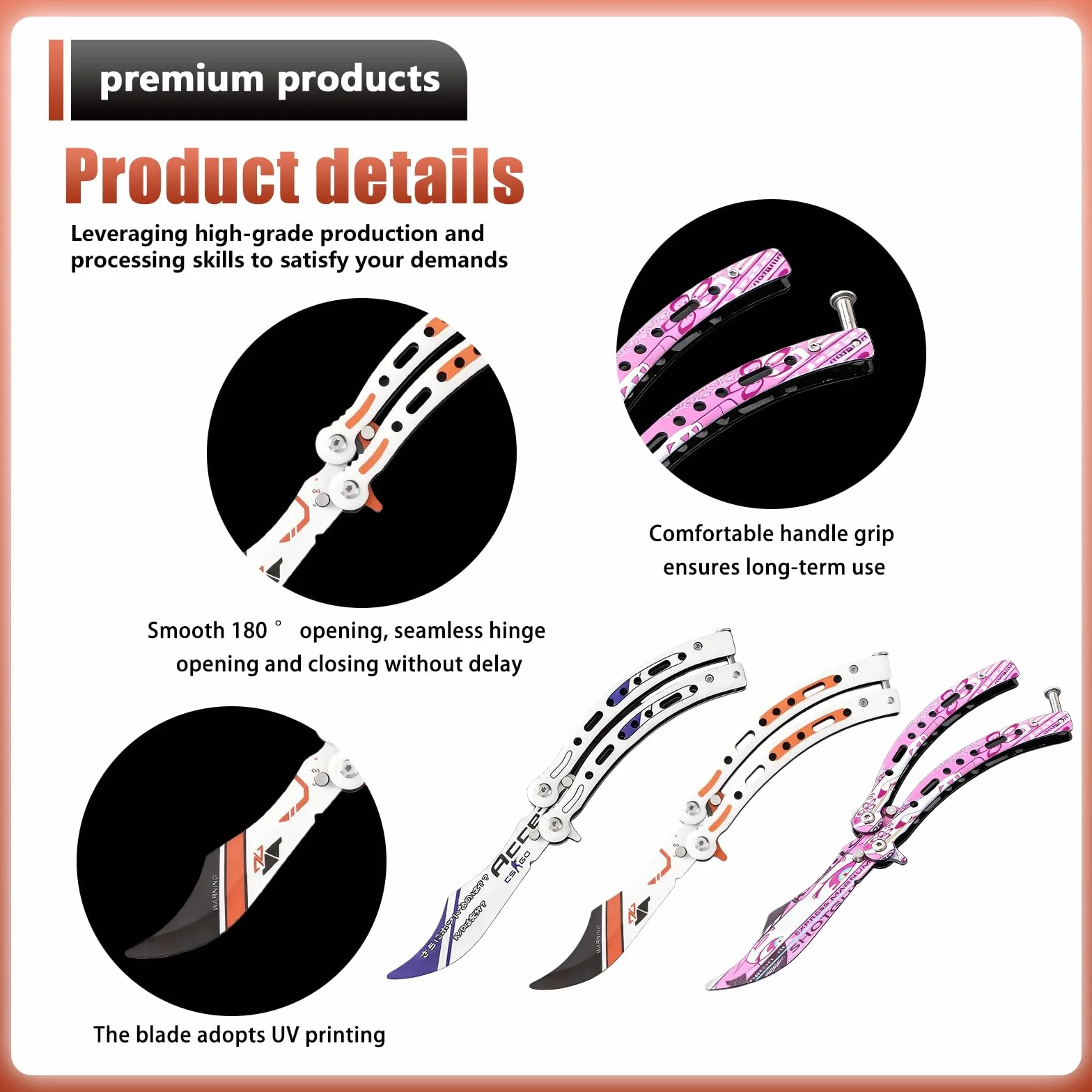 Ensemble d'entraînement de couteaux papillon GOEDCH en acier inoxydable (3 pièces) : couteaux papillon d'entraînement avec lames émoussées de sécurité, couteaux balisong légaux - manche incurvé pour l