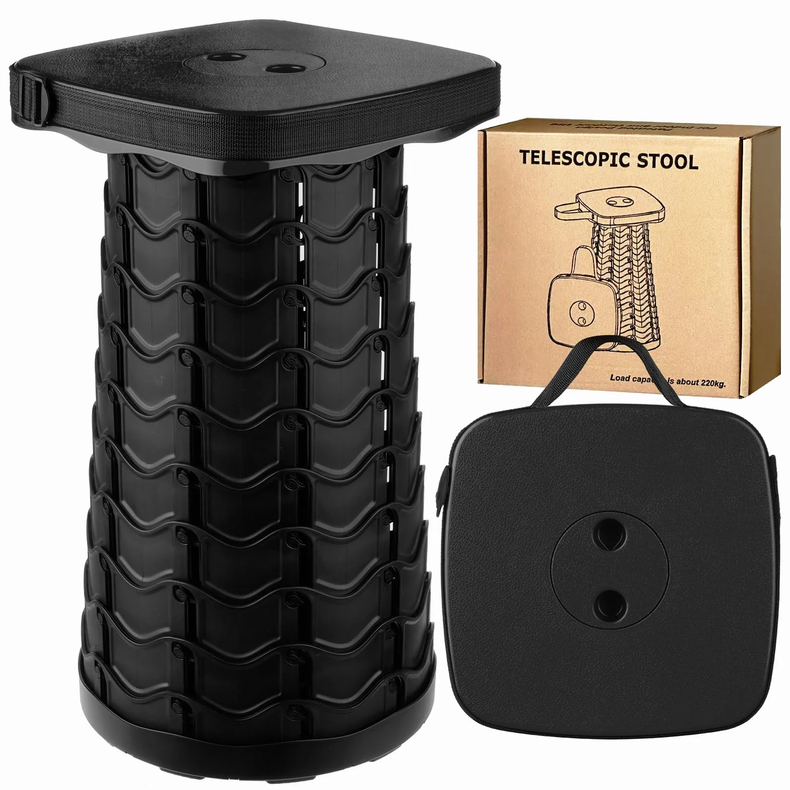Tabouret Pliant Portable, Tabouret Telescopique Réglable en Hauteur, Rétractable pour Camping, Randonnée, Pêche, Voyage, BBQ, Jardin, Extérieur, Charge Max de 485LBS/220KG, Noir