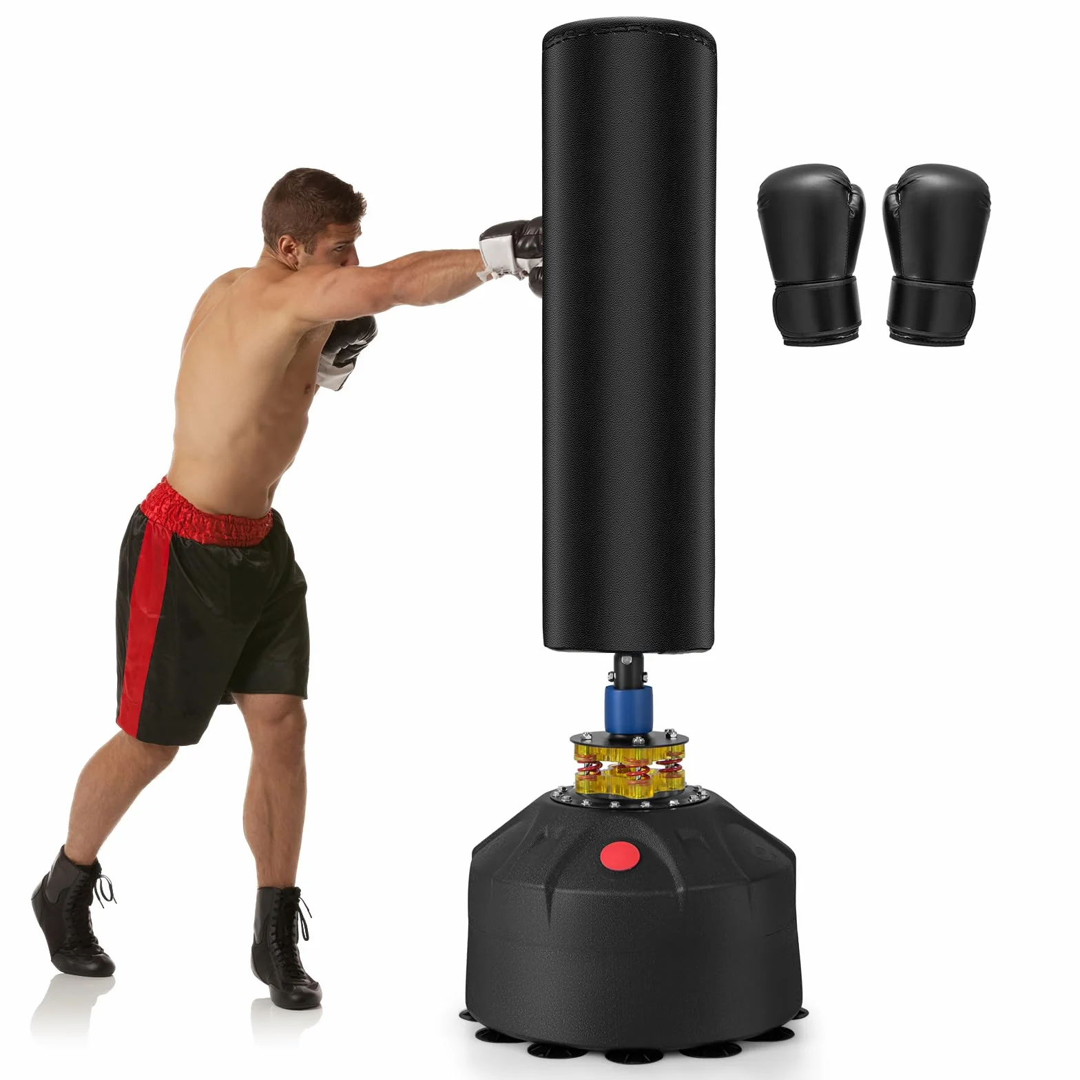 KOMFOTTEU Sac de frappe sur pied de 173 cm avec support, sac de frappe debout avec base à ventouse et gants de boxe, sac de frappe pour adultes