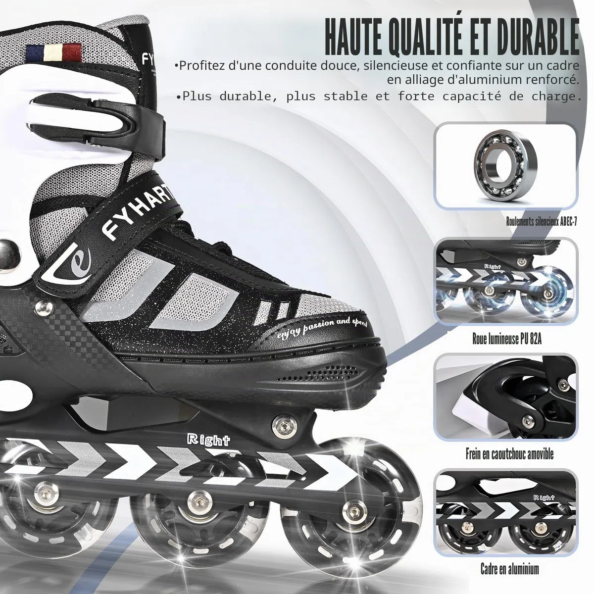 Réglables Patins à roulettes en Ligne pour garçons et Filles, Patins à roulettes à 4 Roues pour Adolescents et Adultes avec Roues Lumineuses pour Les Sport, Noir Blanc