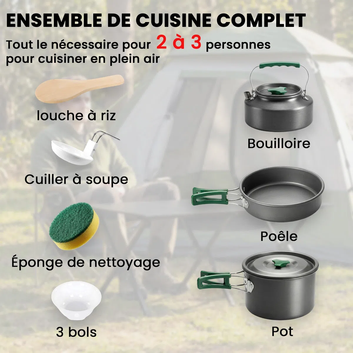 Outsunny Kit de Casseroles Camping 11 Pcs, Cuisine de Camping Compact en Aluminium avec Poignées Anti-Brûlures, Batterie de Cuisine Extérieure avec Sac de Rangement pour Randonnée et Camping, Gris