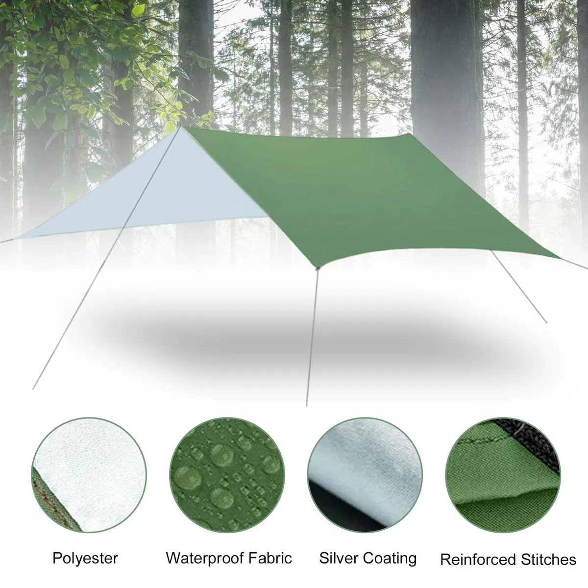 Tarp Bâche de tente de camping étanche 3 x 3 m avec 6 cordes et 6 broches en aluminium, protection UV, ultra légère, avec œillets, pour camping, extérieur, pique-nique, randonnée, hamac (vert)