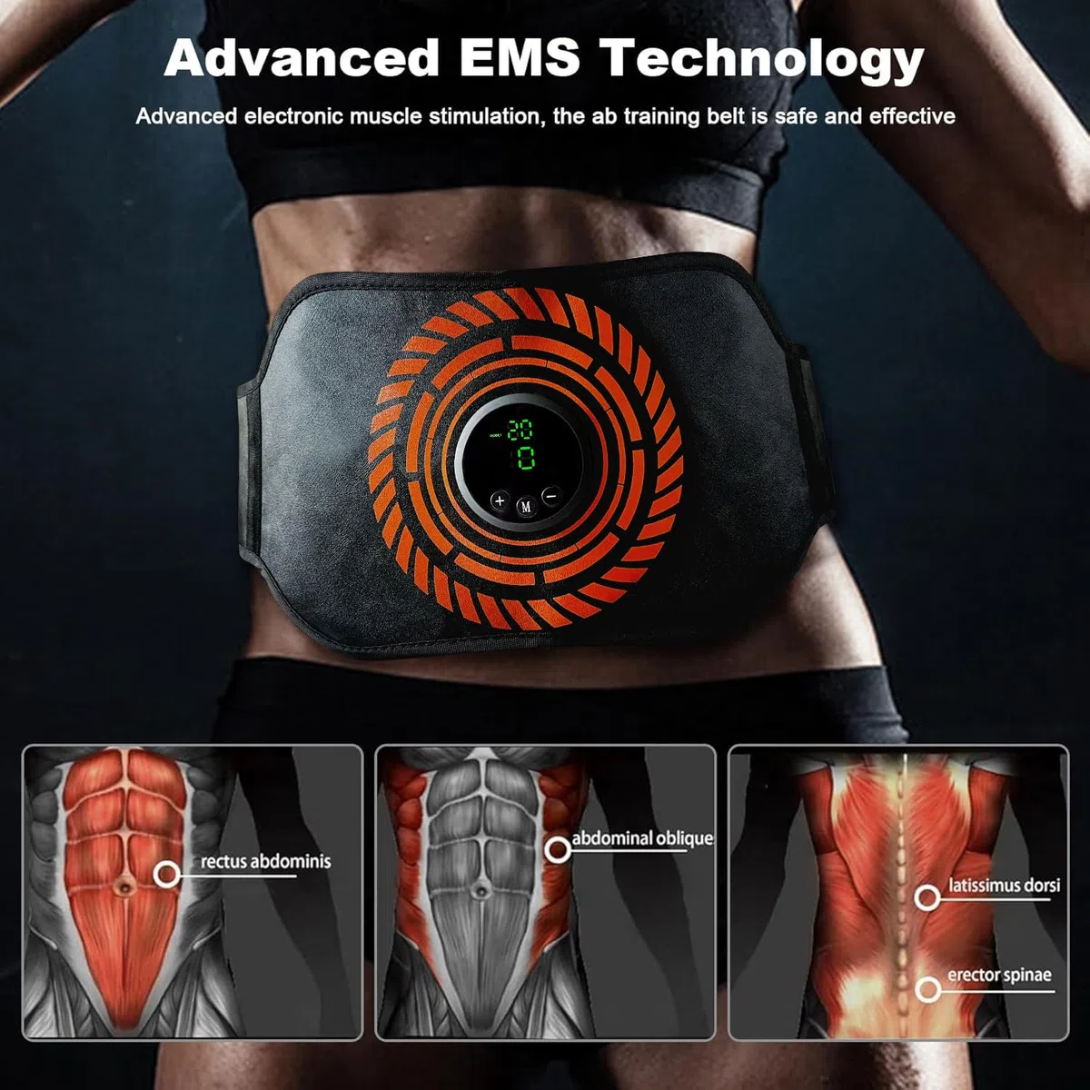EMS Ceinture Abdominale,Entraînement Abdominal,Pas Besoin de Feuilles de Gel USB Charge,12 Modes, 20 Niveaux d'intensité,Femme Homme Entraînement pour Abdomen Ajout de Ceinture d'extension