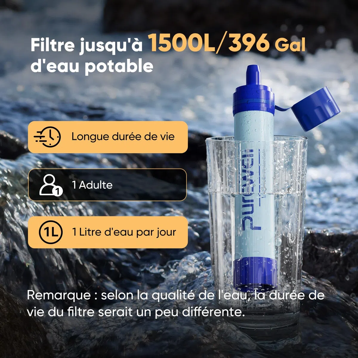 Purewell Paille Filtrante à Eau Survival - Filtre Portable 0.01 Micron Élimine 99.99% Bactéries - Avec Mousqueton - Pour Randonnée Camping Urgence - Durée de Vie 1500L Sans BPA