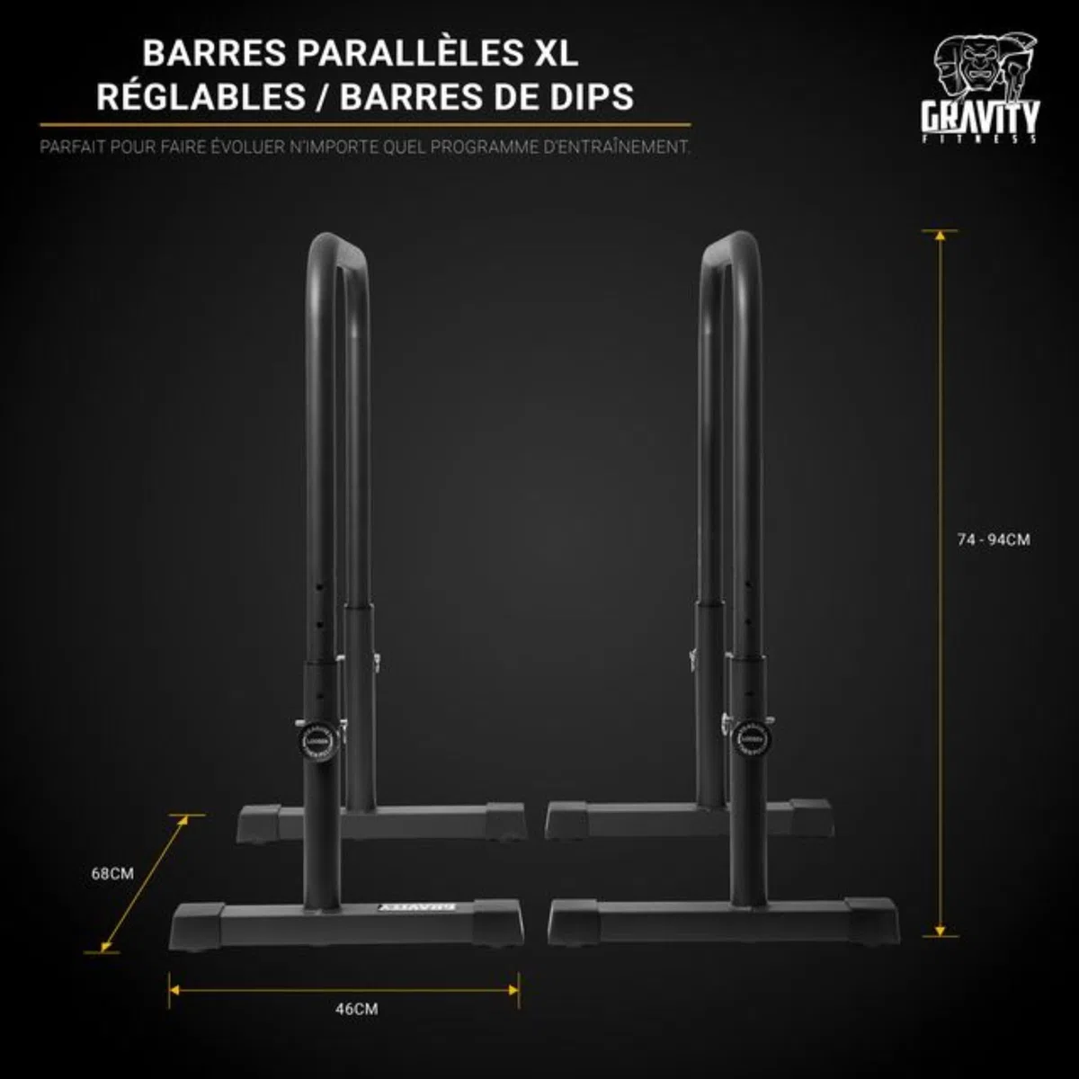 Gravity Fitness Barres de Dips XL - Meilleures Parallettes pour Calisthénie, Musculation Maison & Gym - Barres Ajustables 38mm pour Dips, Entraînement Calisthenics, Parallettes Fitness