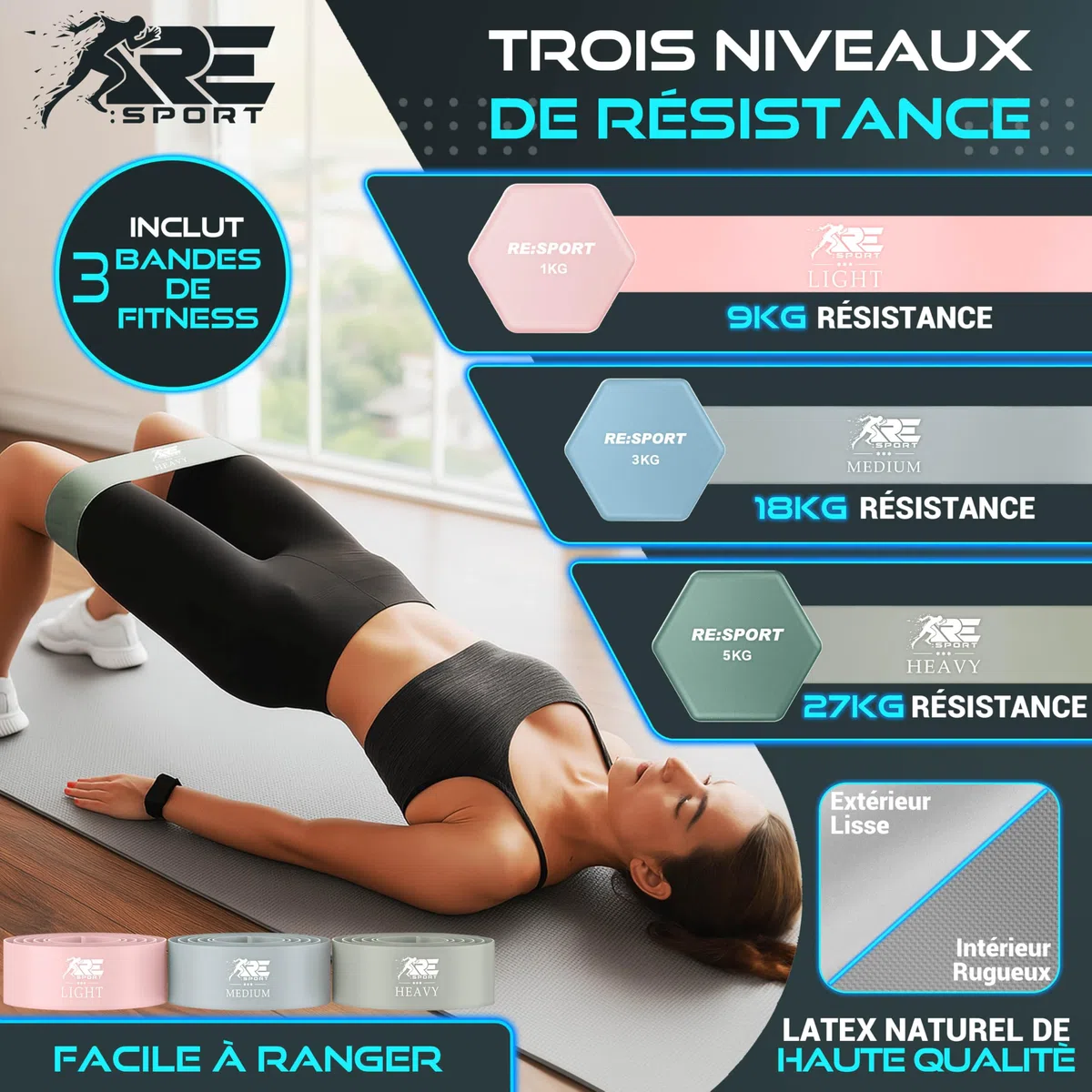 RE:SPORT® Lot de 3 paires d'haltères, 1 kg - 5 kg, 12 kg ou 18 kg - Avec support et 3 bandes de fitness - En néoprène antidérapant - Pour homme et femme