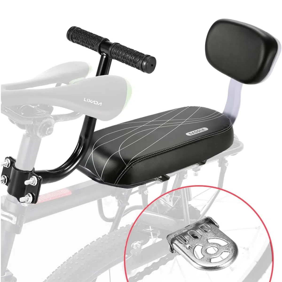Siège De Vélo Enfant avec Dossier, Accoudoir Et Repose-Pieds Ensemble Enfants VTT Vélo PU Cuir Coussin Souple Siège Arrière Accessoires Ensemble