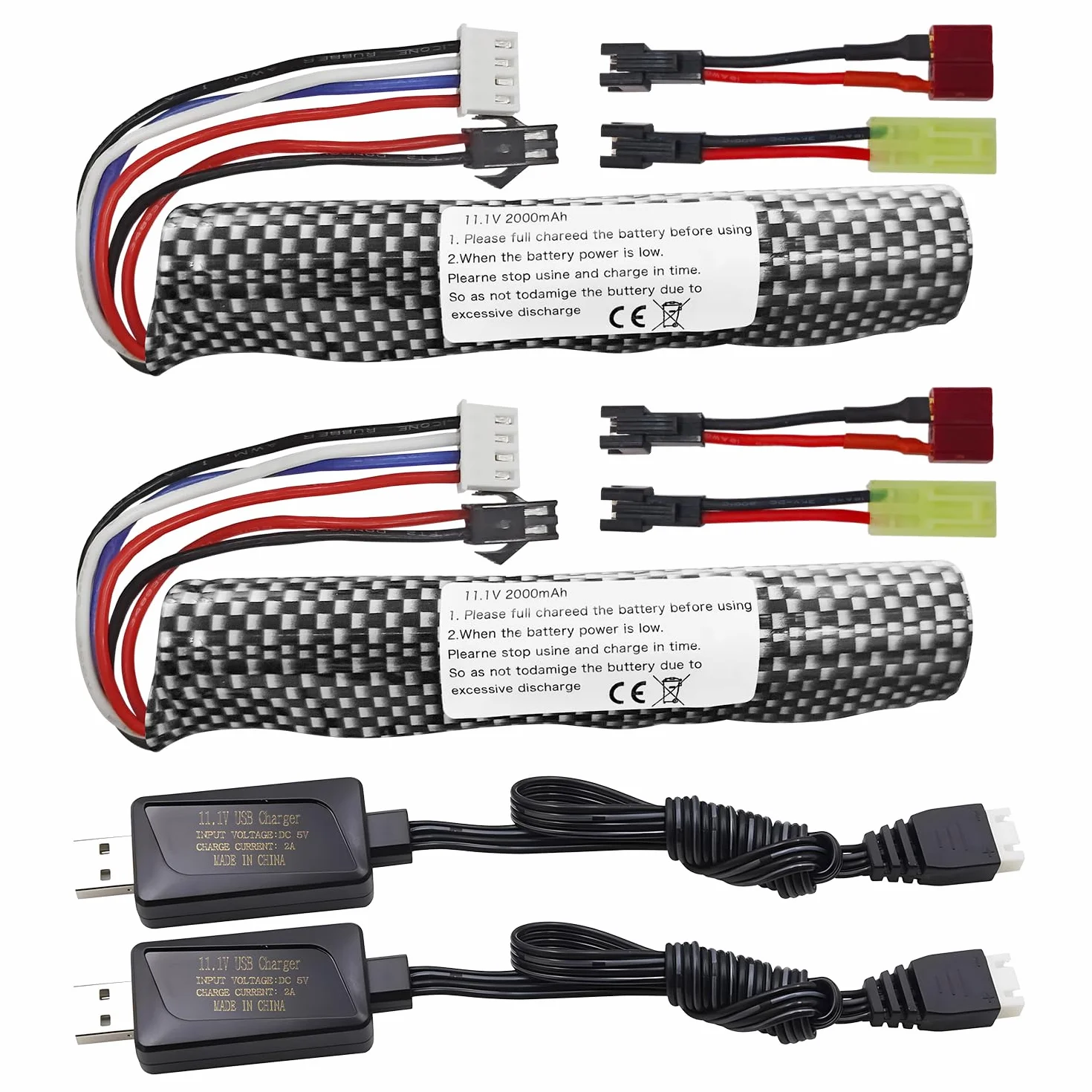 2PCS 3S 11.1V 2000mAh Connecteur SM-2P Batterie Li-ION & câble de Chargement USB pour Airsoft Gel Water Ball Blaster Airsoft Gel Ball Shockwave