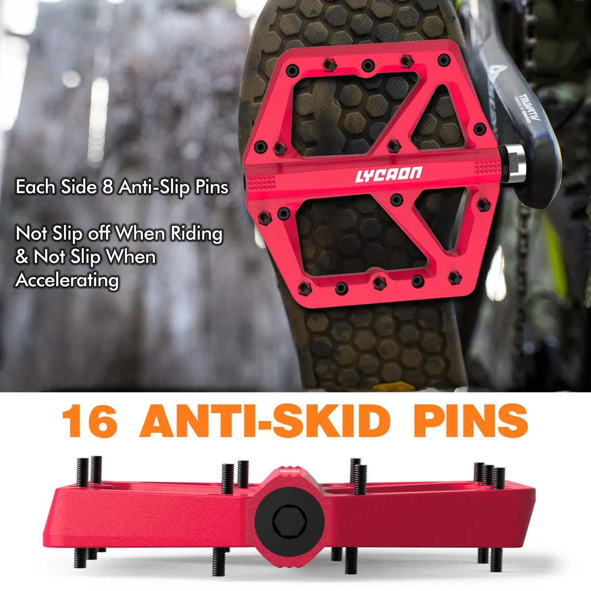 LYCAON Pédales de vélo - Pédales de vélo de Course/VTT - Antidérapantes - Broche CR-MO - Pédales Plates antidérapantes pour VTT 9/16"
