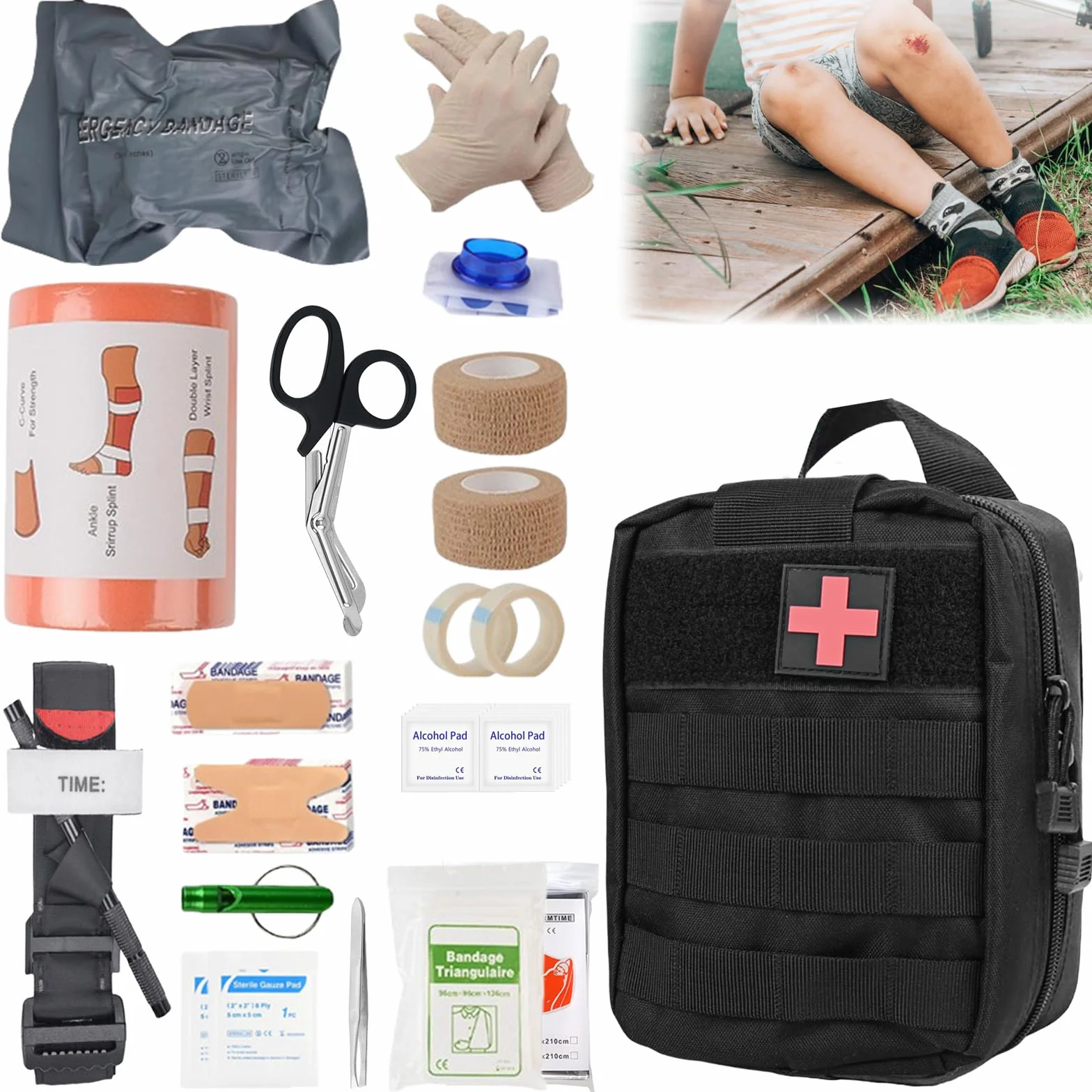 Kit de premiers secours en plein air, ensemble de 51 pièces pour traumatismes, sac tactique médical, kit de premiers secours militaire pour le camping, la voiture, l'aventure, la chasse, la randonnée