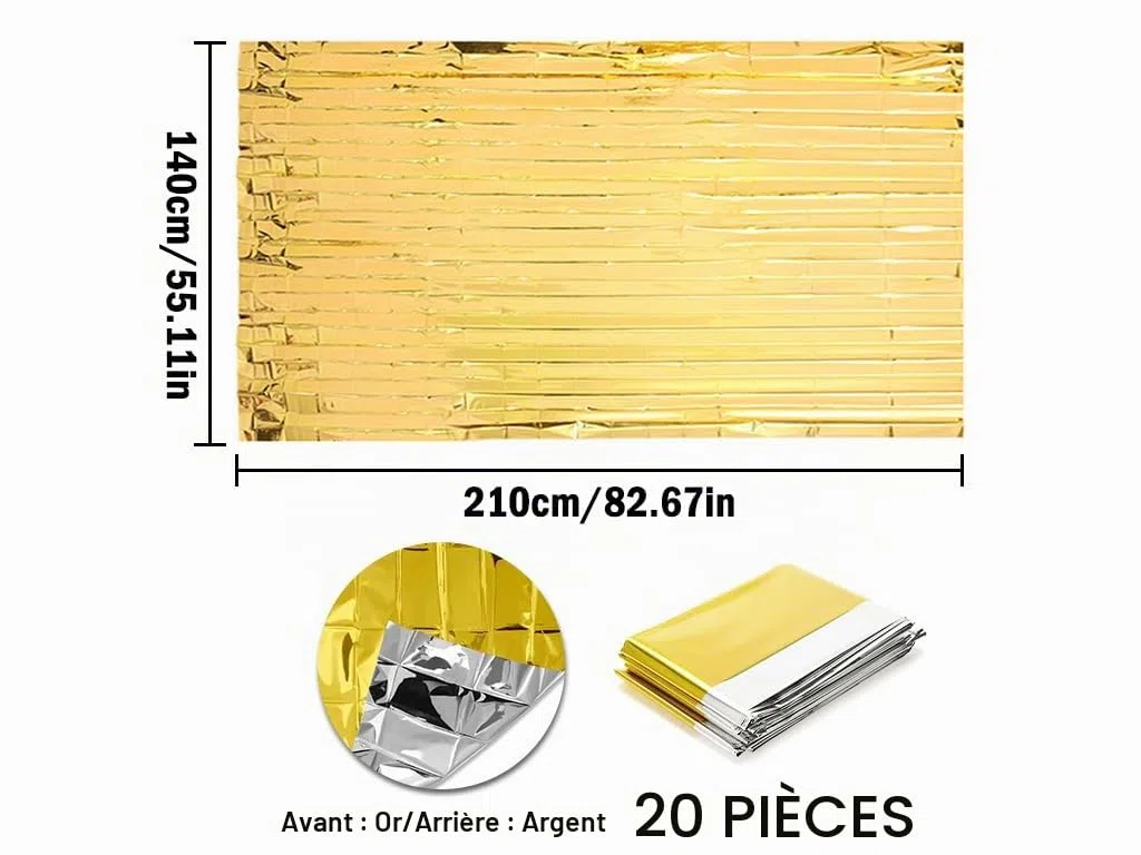 20PCS Couvertures de Survie Thermiques, pour Plein Air, Randonnée, Survie, Marathon ou Premiers Soins