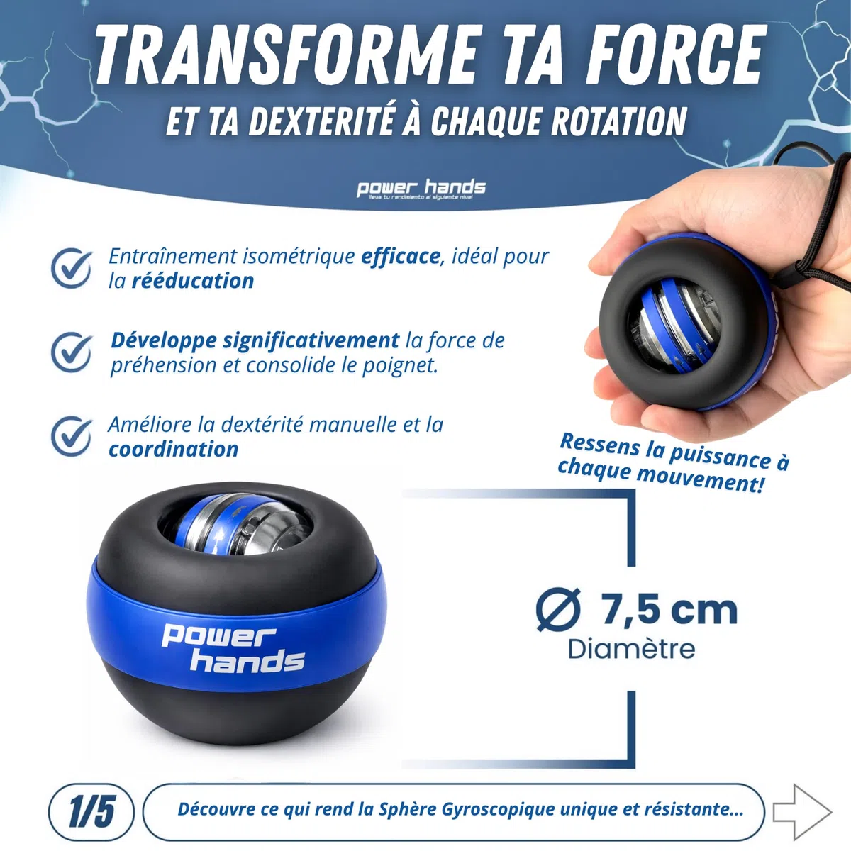 Gyro Ball – Ballon gyroscopique pour renforcement main, poignet et avant-bras, rééducation, anti-stress, accessoire fitness homme et femme