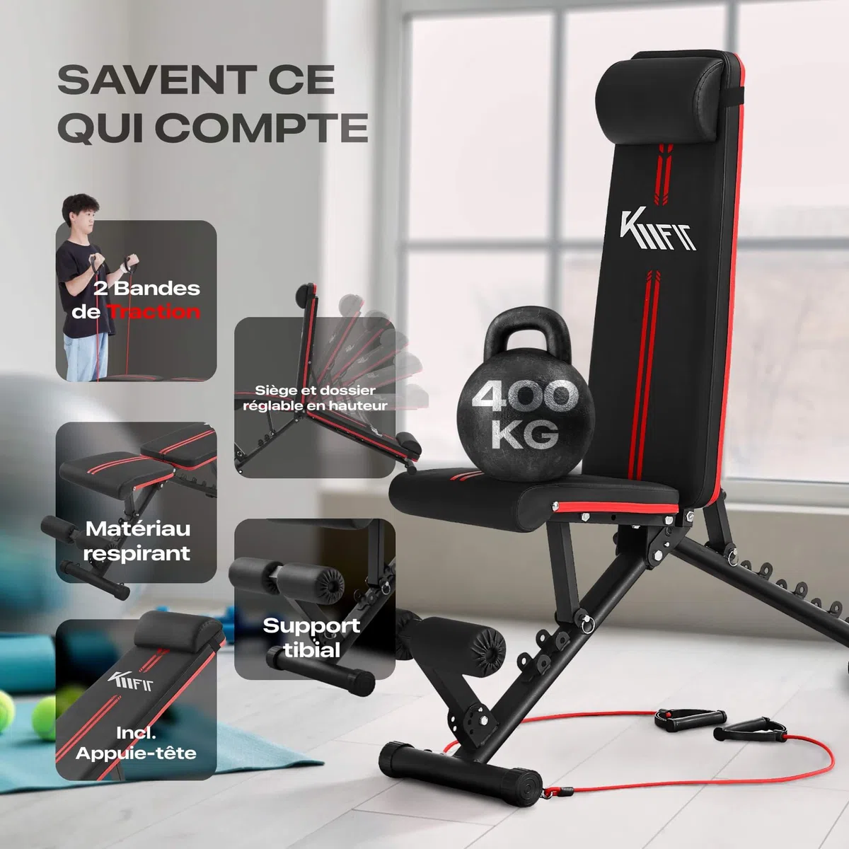 KM-Fit Banc de musculation pliable Multifonction Training Banc de fitness | Dossier réglable en 6 positions | Siège réglable en 3 positions | Surface EVA respirante