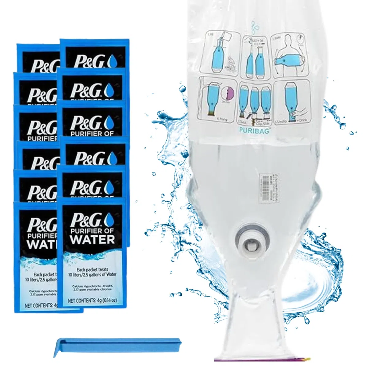 PuriBag : purificateur d'eau pour camping, randonnée, survie, voyage. Filtre portable/purificateur parfait pour le stockage de l'eau et les voyages, 10 l