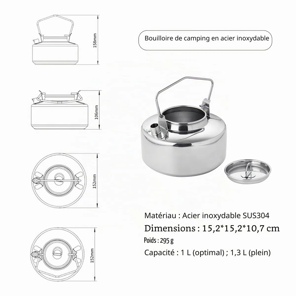 Fire-Maple Bouilloire de Camping Portable 1L en Acier Inoxydable pour Cafetières et Théières Camping en Plein Air Randonnée Ultra-léger