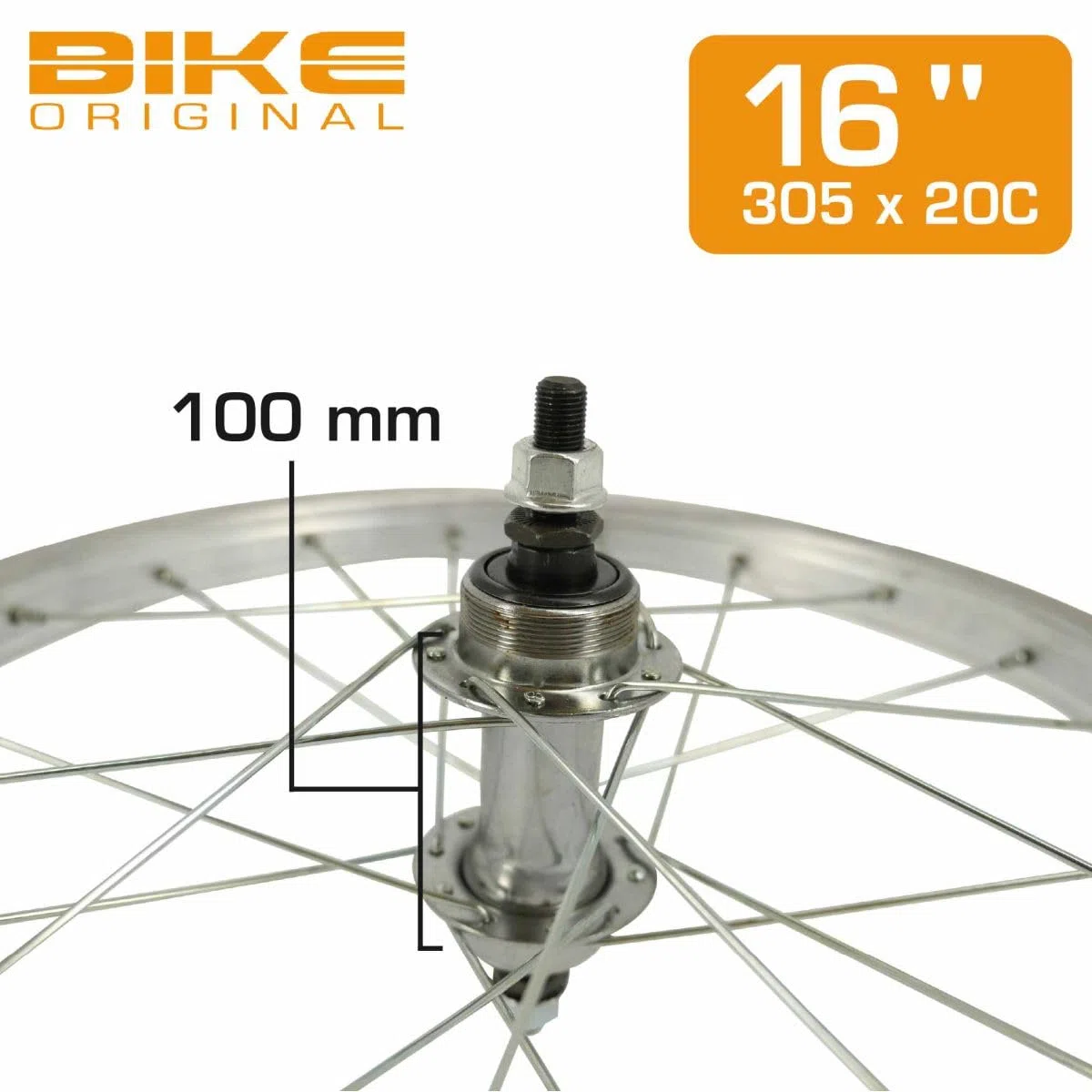 BIKE ORIGINAL - Roue Arrière 16" - Jante Alu Simple Parois 20 Trous - Moyeu Alu à Écrous - Compatible Pneus 32-63 mm - Freinage sur Jante - ETRTO 305X20C - Couleur Argent
