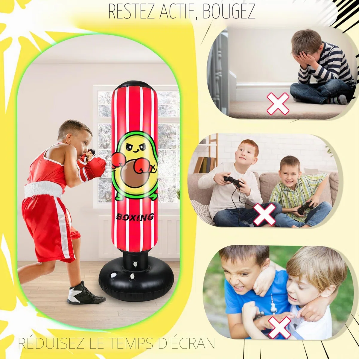 Sac de Frappe Enfant, 165cm Punching Ball Enfants, Sac de Boxe Gonflable avec Gants de Boxe, Cadeau pour Garçons et Filles de 3 à 12 Ans pour Karaté, Taekwondo, MMA