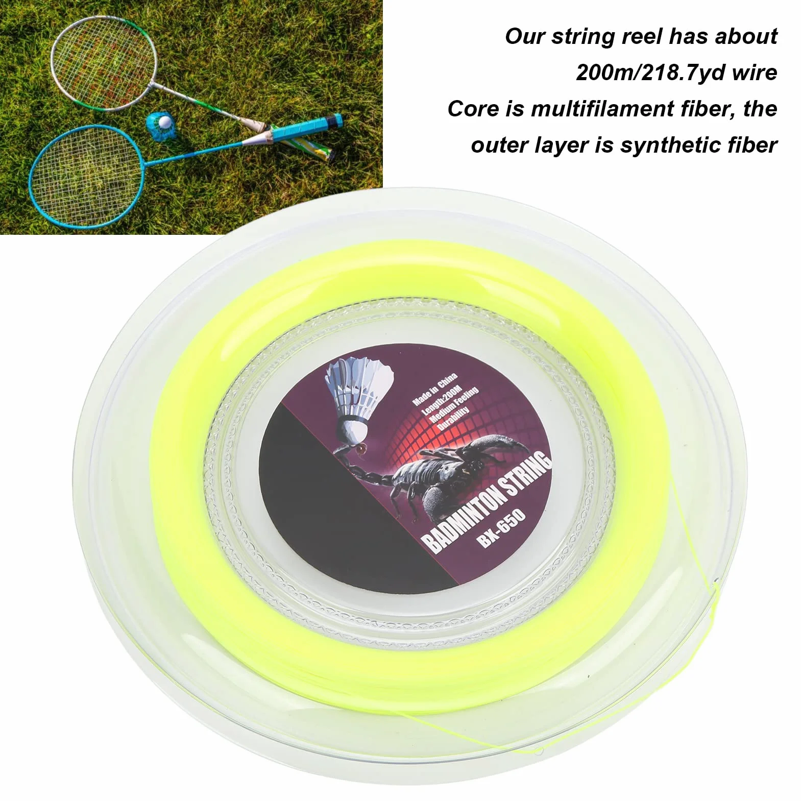 Tyenaza Corde de Badminton, Corde de Raquette de Badminton 0,72 mm 200 m Bobine de Fil de Raquette pour entraînement Quotidien Amateur Jaune Fluo