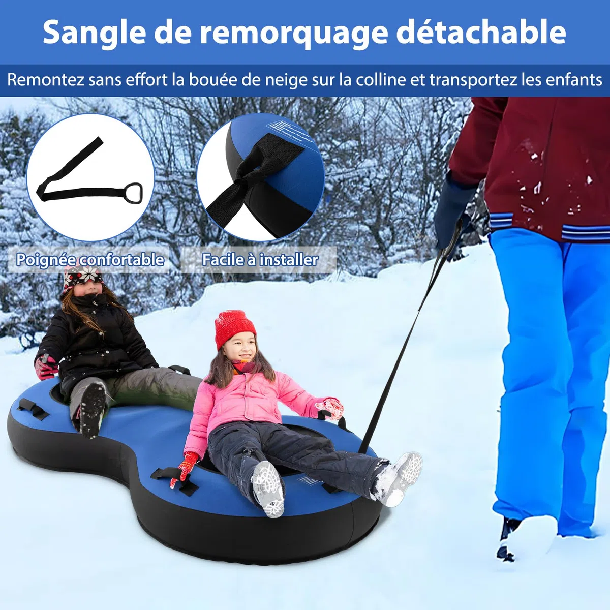 GOPLUS Luge à Neige Gonflable, Tube à Neige 100 cm avec Pneu en Caoutchouc, Coussin de Siège, Poignée, Pompe Inclus, pour Sports d'hiver Enfants&Adultes, Charge 200KG, Bleu/Rouge