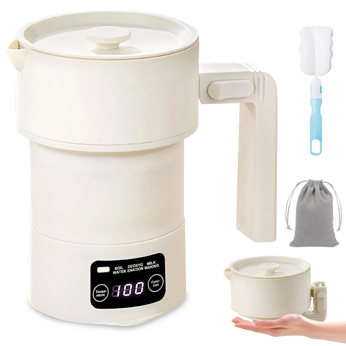 Bouilloire de Voyage Pliable 600ml, Bouilloire Portable, Mini Bouilloire Électrique avec 9 Niveaux de Température, en Acier Inoxydable et Silicone, Silencieuse et Sûre pour les Voyages et le Bureau
