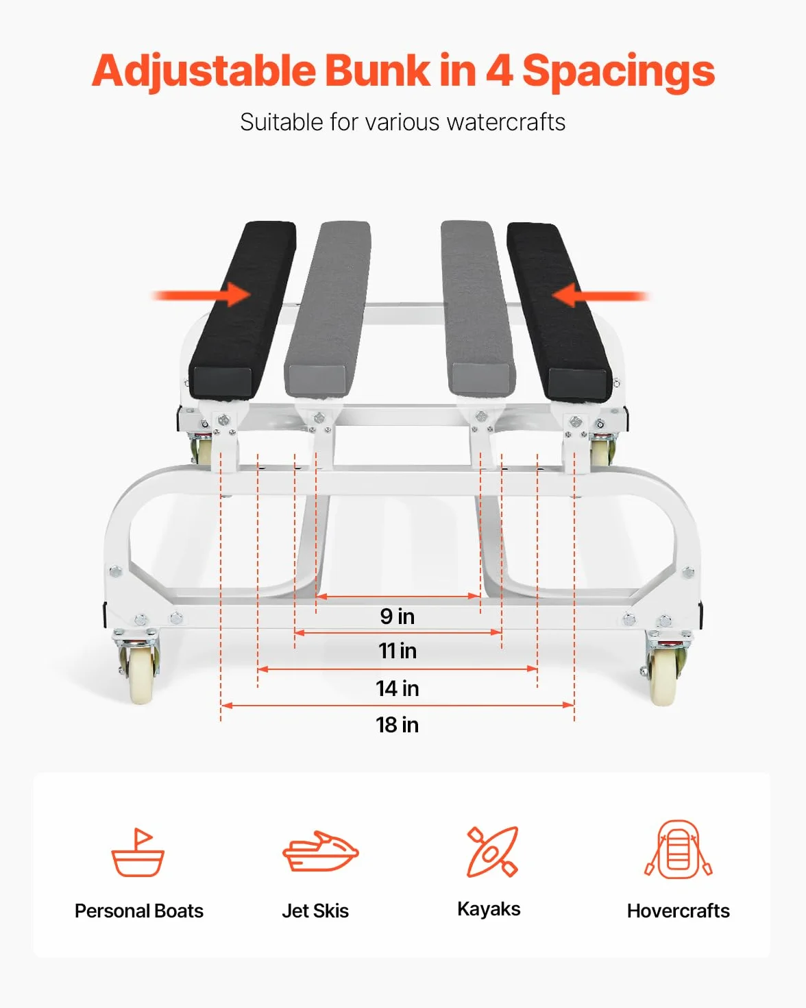 VEVOR Chariot de jet ski, capacité de 590 kg, support de jet ski pour déplacer les embarcations, chariot de déplacement robuste, couchettes réglables, 4 roulettes, 2 freins, pour kayaks, aéroglisseurs